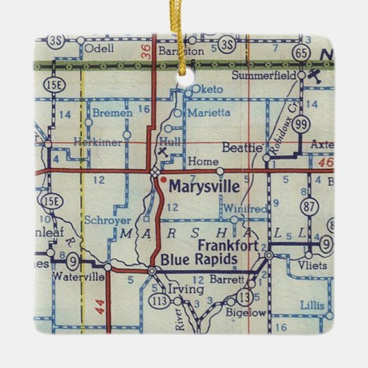 Marysville Kansas Vintage Karte Keramikornament (Vorderseite)