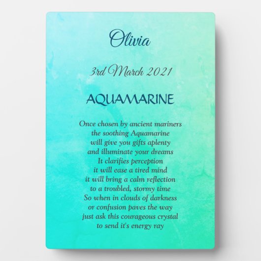 März Birthstone Aquamarine Plaque mit Easel Fotoplatte (Vorderseite)