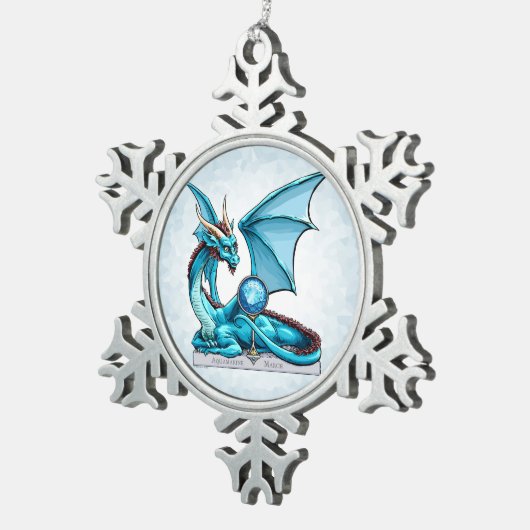 März Birthstone Drache: Aquamarine Schneeflocken Zinn-Ornament (Rechts)