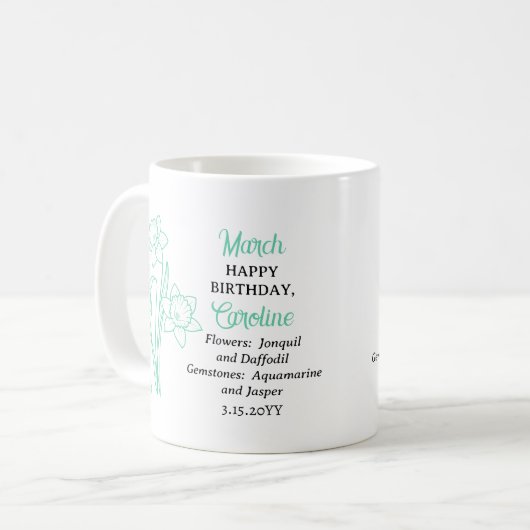 März Daffodil | Aquamarine Birthday Keepake Kaffeetasse (Vorderseite Links)