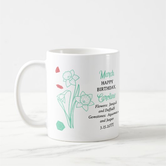 März Daffodil | Aquamarine Birthday Keepake Kaffeetasse (Links)
