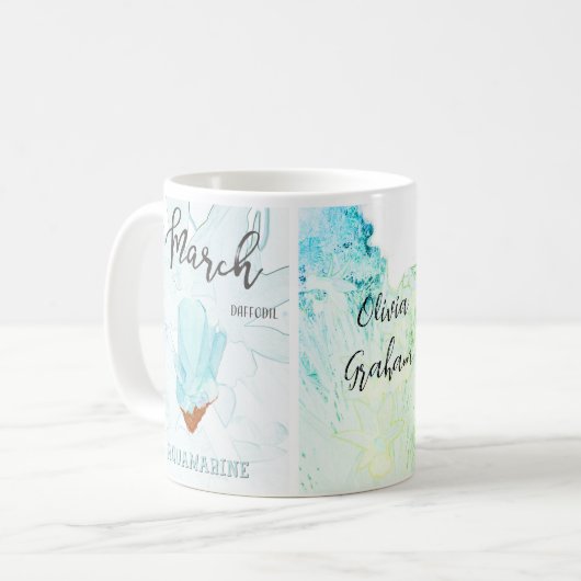 März Geburtstag: Aquamarine Birthstone und Blume C Kaffeetasse (Vorderseite Links)