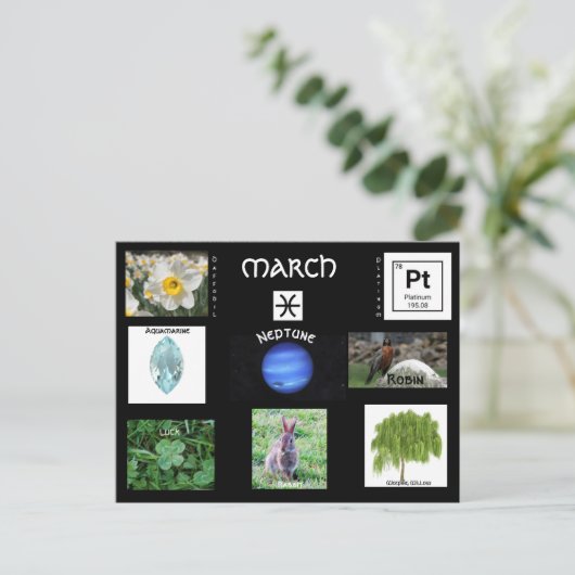 März Geburtstagssymbole Postkarte (Stehend Vorderseite)