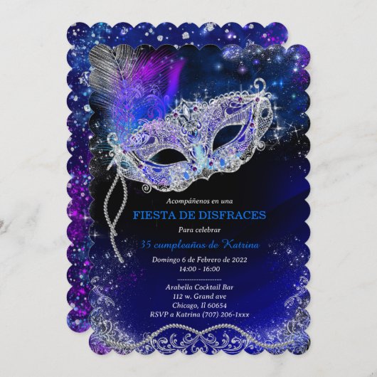 Mascarada de Cumpleaños Personalizada Azul Real Einladung (Vorne/Hinten)