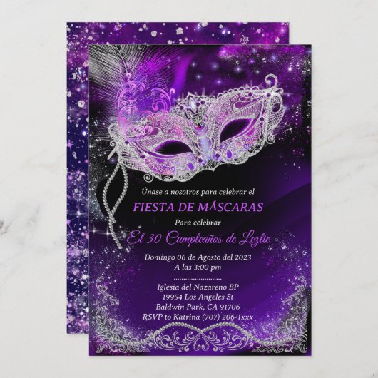 Mascarada de cumpleaños personalizada en negro einladung (Vorne/Hinten)