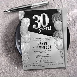 Masculine Black Silver Balloons 30. Geburtstag Einladung