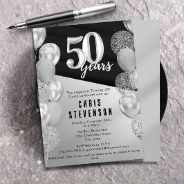 Masculine Black Silver Balloons 50. Geburtstag Einladung