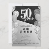 Masculine Black Silver Balloons 50. Geburtstag Einladung (Vorderseite)