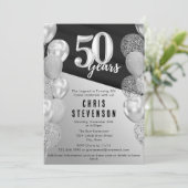 Masculine Black Silver Balloons 50. Geburtstag Einladung (Stehend Vorderseite)