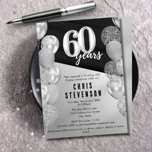 Masculine Black Silver Balloons 60. Geburtstag Einladung