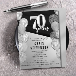 Masculine Black Silver Balloons 70. Geburtstag Einladung