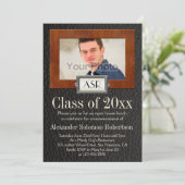 Masculine Boys Leather Wood Monogram Abschluss Einladung (Stehend Vorderseite)