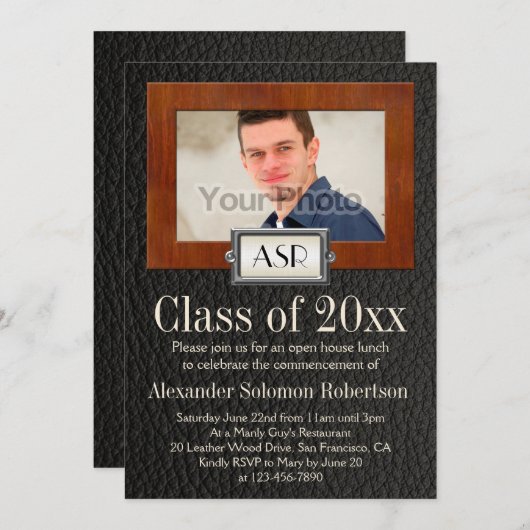 Masculine Boys Leather Wood Monogram Abschluss Einladung (Vorne/Hinten)