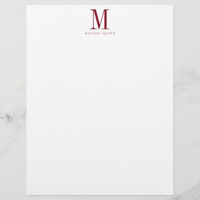 Masculine Burgundy Red Formal Monogram Briefbogen (Vorderseite)