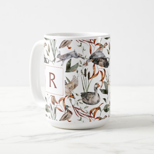 Masculine Duck Hunter Fall Foliage Monogramm Kaffe Kaffeetasse (Vorderseite Links)