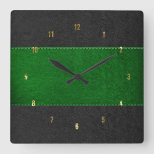 Masculine Green & Black Stitched Leather Texture Quadratische Wanduhr