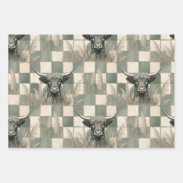 Masculine Grey Blue Checkered Highland Cow Geschenkpapier Set