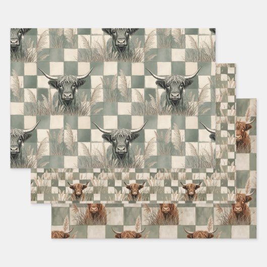 Masculine Grey Blue Checkered Highland Cow Geschenkpapier Set (Set)
