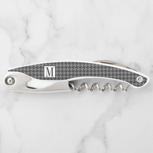 Masculine Monogram Hahnentrittmuster Schwarzes Gra Kellnermesser (Vorderseite)