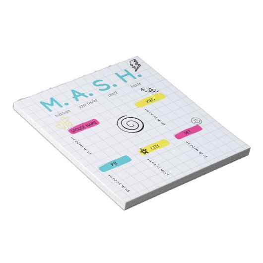 MASH Game, 90er Gastgeschenk Notizblock (angewinkelt)