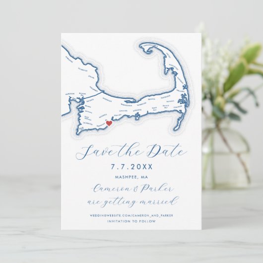Mashpee MA Cape Cod Map Navy Blue Wedding Save The Date (Stehend Vorderseite)