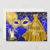 Mask Tiara Masquerade Quinceanera Gold Blue Einladung (Vorderseite)