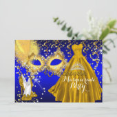 Mask Tiara Masquerade Quinceanera Gold Blue Einladung (Stehend Vorderseite)