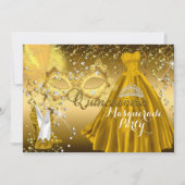Mask & Tiara Masquerade Quinceanera Gold Einladung (Vorderseite)