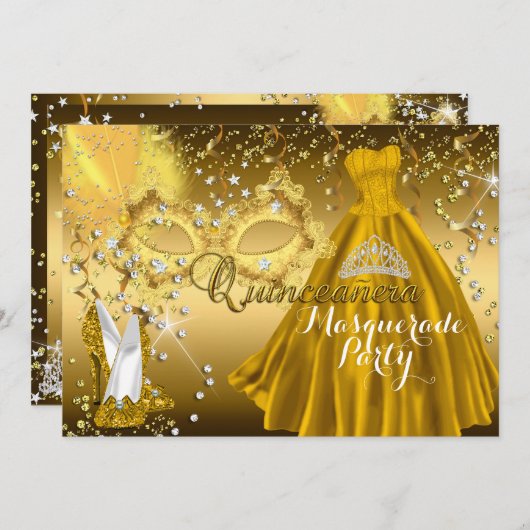 Mask & Tiara Masquerade Quinceanera Gold Einladung (Vorne/Hinten)