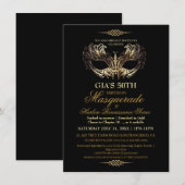 Maske Black Gold 50. Masquerade Geburtstag Einladung (Vorne/Hinten)
