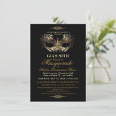 Maske Black Gold 50. Masquerade Geburtstag Einladung (Stehend Vorderseite)