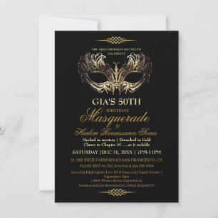 Maske Black Gold 50. Masquerade Geburtstag Einladung