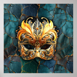 Maske, Federn und Aquamariner texturierter Hinterg Poster