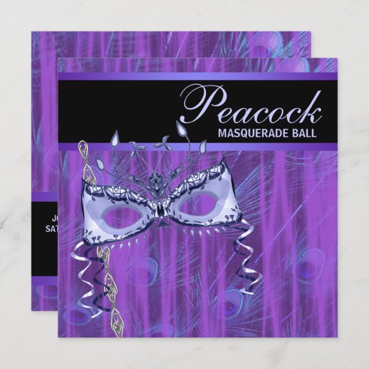 Maske Lila PfauenFeathers Masquerade Party Einladung (Vorne/Hinten)