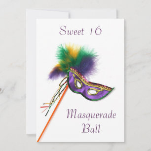 Maske mit lila Feder Süße 16 Maskenball-Party Einladung
