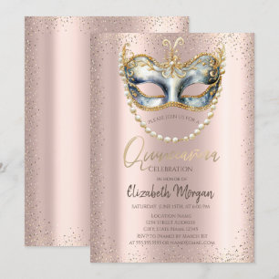 Maske, Perlen Konfetti Roségold Quinceañera Einladung