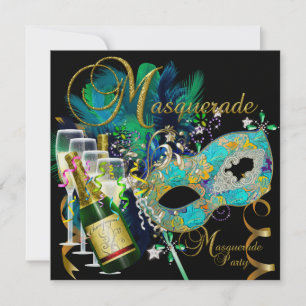 Masken für Maskenball Schwarz Gold Türkis Einladung