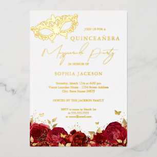 Masken-Maskenball-Party Rot Gold Rose Quinceanera Folieneinladung