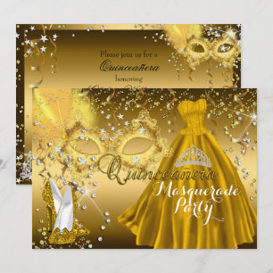Masken- und Tiara-Maskenball-Quinceanera-Gold-Einl Einladung