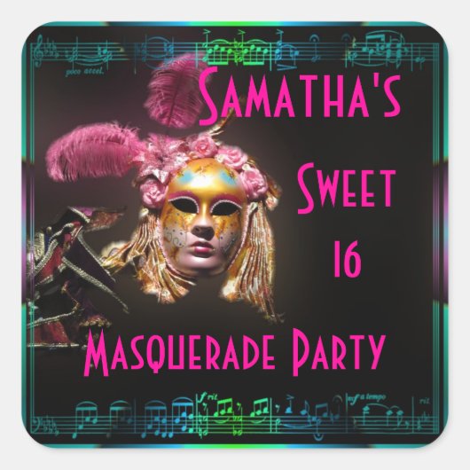 Maskenball 16 . Geburtstag Quadratischer Aufkleber (Vorderseite)
