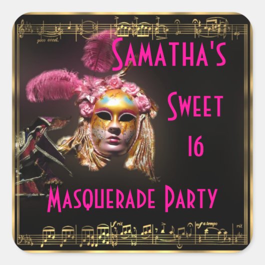 Maskenball 16 . Geburtstag Quadratischer Aufkleber (Vorderseite)