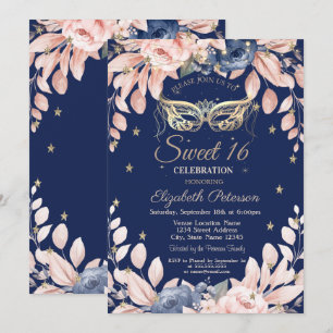 Maskenball, Blaue Blumen, Goldene Sterne Sweet 16 Einladung