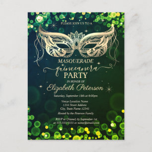 Maskenball Bokeh Grüne Punkte Quinceañera Einladungspostkarte