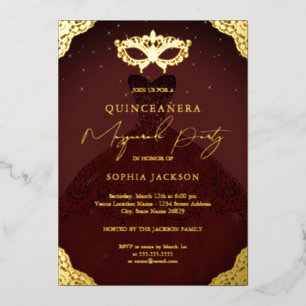 Maskenball Burgund Kleid Quinceanera Folieneinladung