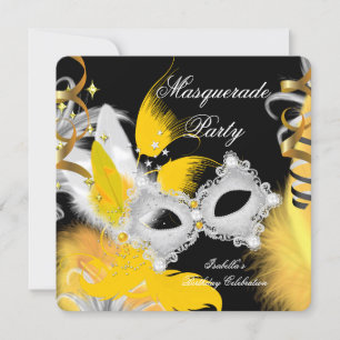 Maskenball Geburtstag Gelbe Maske Weiß Schwarz Einladung