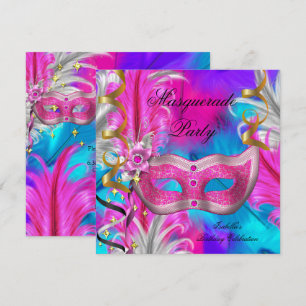 Maskenball Geburtstag Türkis Lila Rosa Einladung