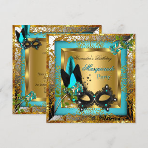 Maskenball Gold Türkis Schwarze Maske Rose Einladung