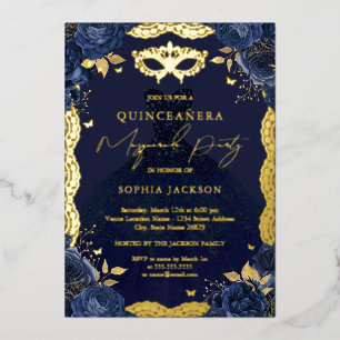 Maskenball Navy Blumenkleid Quinceanera Fete Folieneinladung