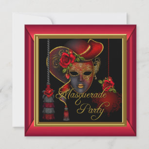 Maskenball-Party Rote Masken Gold Schwarz Geburtst Einladung