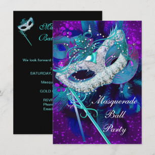 Maskenball-Party Türkisblaue Lila Masken LGE Einladung